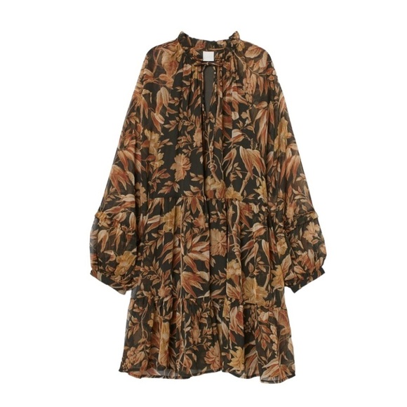 H&M Wide-cut Chiffon Dress Size 6‎  US Green Beige Floral Long Balloon Sleeves - Picture 1 of 11